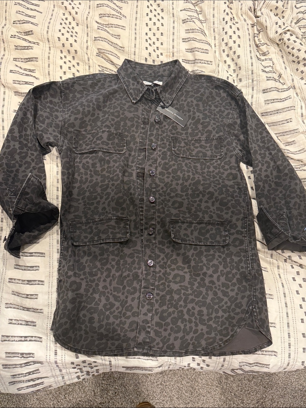 Rebecca Minkoff Charcoal Leopard Print Button-Up Shirt Jacket new large women’s